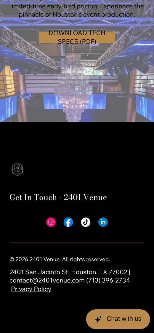 2401 Venue footer on a phone with the phone number as plain text